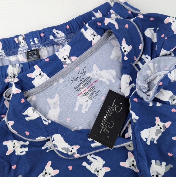 René Rofé French Bulldog Print PJ Set Short Sleeve Top Shorts Navy White L NWT - Picture 11 of 12